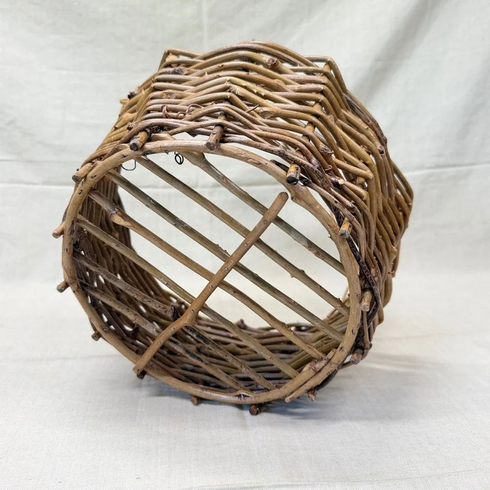 Rustic Woven Willow Branch Gathering Basket with Twisted Handle Brown Wood 1970s